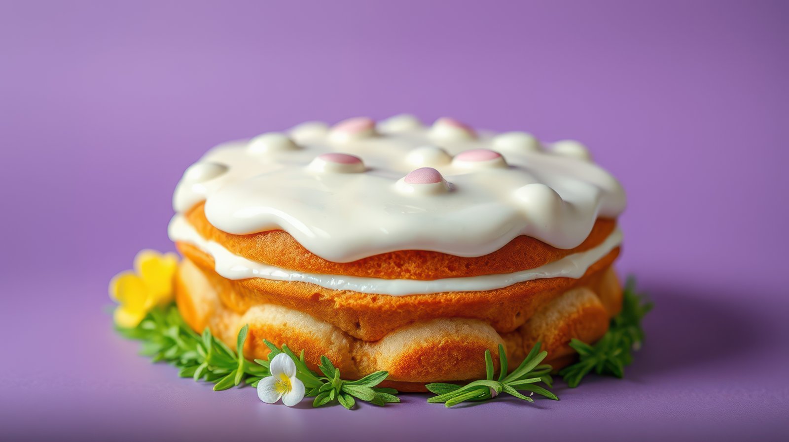 Colorful cake with icing and floral decoration displayed on a vibrant purple background during a festive celebration